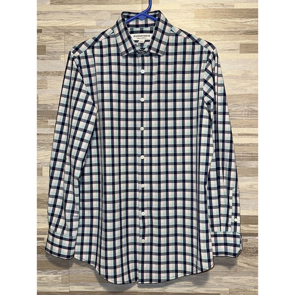 mizzen + main size Small trim fit button down shirt checkered mens plaid #256